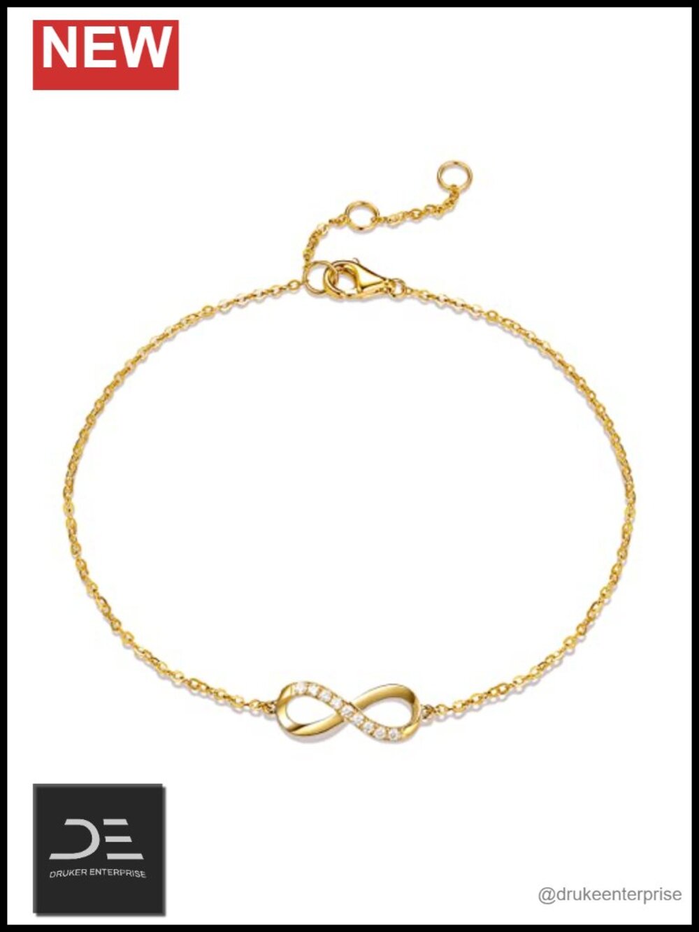14K Solid Yellow Gold Infinity Diamond Charm Bracelet Fine Dainty Link Chain